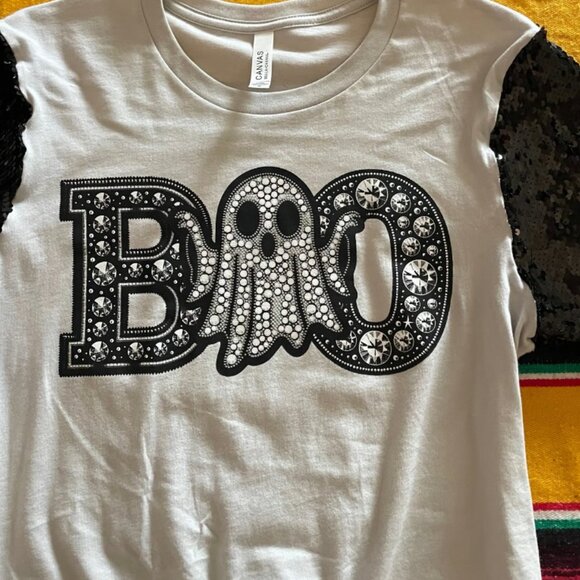 Sequin Sleeve Faux Rhinestone BOO Tee Shirt - Picture 2 of 2